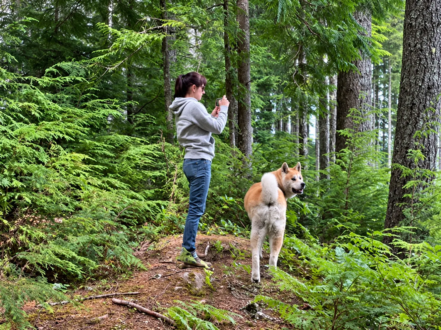 Kasey photographing the forest while Rainier the Akita looks back on a fern-lined trail