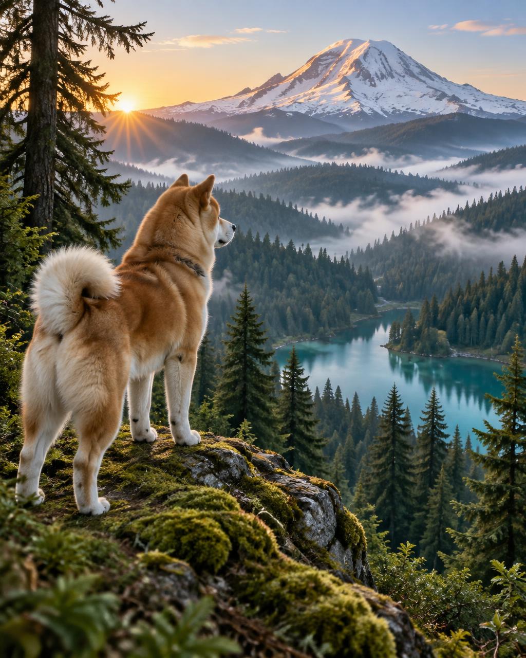An Akita standing on a mossy ridge, gazing across a misty evergreen valley toward snow-capped Mount Rainier